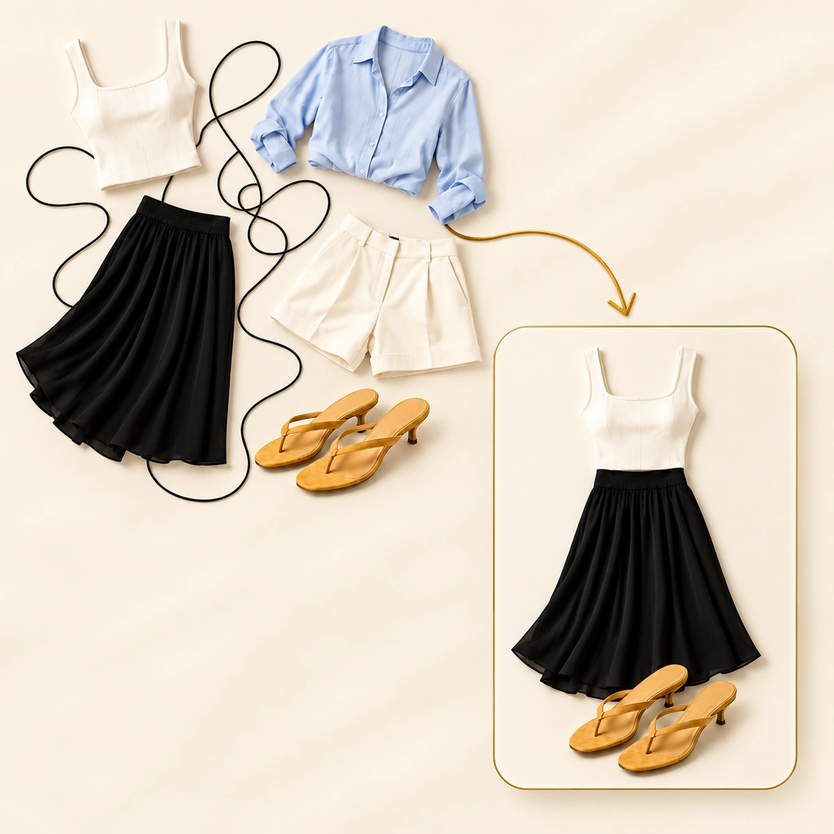 Scattered wardrobe pieces joined by a tangled black thread that resolves into a gold path toward one complete outfit.