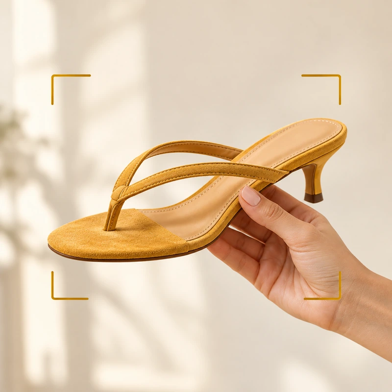 A hand holding the golden sandal inside ChicUp's photo-scanning corners.