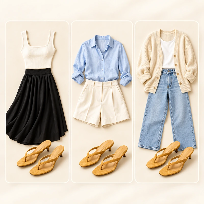 Three complete outfits styled around the same golden sandals.