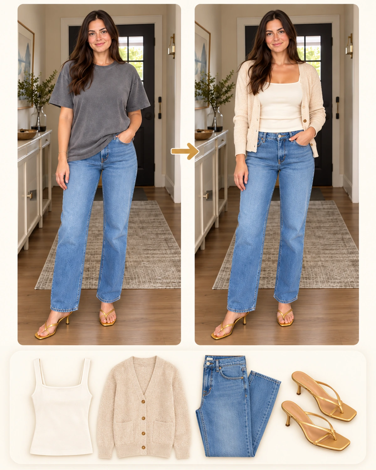 A styling example: the same woman first in a gray T-shirt and jeans, then in an ivory top and beige cardigan, with the matching garment flatlay beside her.